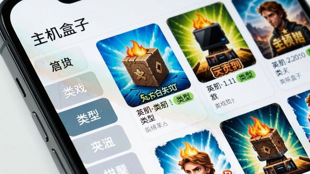 一张手机屏幕特写图,屏幕上显示“主机盒子”的游戏分类页面,左侧是竖排分类标签栏,右侧是游戏封面网格,卡片上带有大小和类型标签,画面明亮,风格扁平化,细节清晰,画质干净