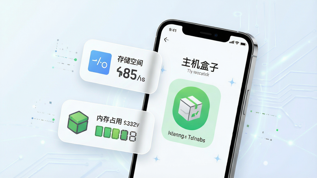 一张手机内存清理界面的示意图,画面中一部手机旁边漂浮着存储空间和内存占用的图标,手机屏幕上显示“主机盒子”运行流畅的状态,背景为浅色科技感渐变,风格简洁,细节干净,画质清晰