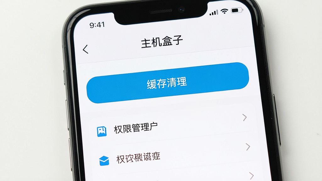 一张手机屏幕展示“主机盒子”设置界面的图,画面中有缓存清理按钮和权限管理选项,界面简洁,配色清爽,风格扁平化,细节清晰,画质干净
