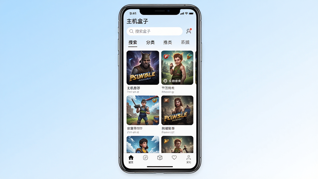 一张手机应用界面的整体展示图,画面中央放置一部竖屏手机,手机屏幕上显示“主机盒子”的主界面,顶部有搜索框和分类标签,中部是游戏推荐卡片网格,底部是导航栏,背景为浅蓝到白色的渐变,风格简洁现代扁平化,细节干净,画质清晰,无多余元素
