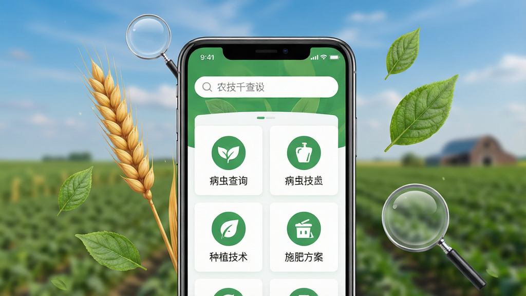 一张展示农技千查软件核心界面的手机截图风格图片。画面中央是一部智能手机,屏幕显示农技千查APP首页,顶部有搜索框,下方排列着病虫害查询、种植技术、施肥方案等图标入口,界面以绿色和白色为主色调,干净清爽。手机周围漂浮着麦穗、叶片和放大镜等元素,背景是虚化的农田和蓝天,风格写实清晰,画质干净,无多余元素,图片中不出现文字。