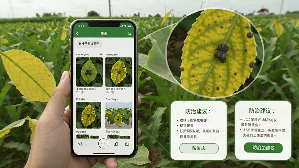 一张展示农技千查病虫害识别功能的场景图。画面左侧是一只手拿着手机对着农田里发黄的作物叶片拍照,手机屏幕上显示着病虫害比对结果列表,有图片和文字描述;画面右侧是放大的病虫害细节图和防治建议卡片。整体风格写实,光线自然,绿色农田背景,画质清晰,图片中不出现文字。