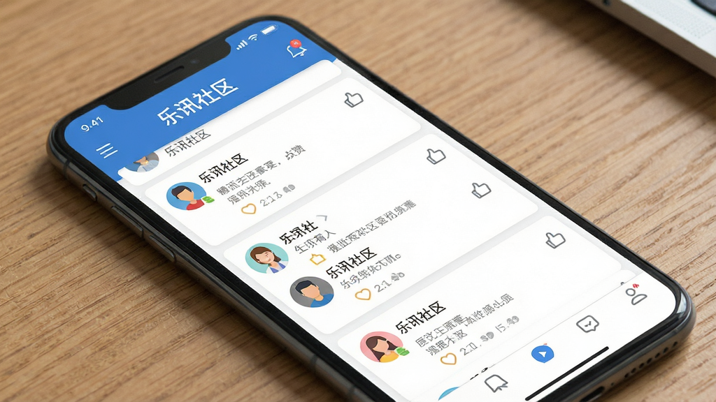 一张展示乐讯社区App核心全貌的图片,主体为一部智能手机,屏幕显示乐讯社区首页信息流界面,上方有“乐讯社区”字样,布局为顶部导航栏加中间帖子列表加底部功能栏,排版清晰有序,风格为现代扁平化设计,细节上帖子卡片带有用户头像和点赞图标,画质干净清晰,无多余元素