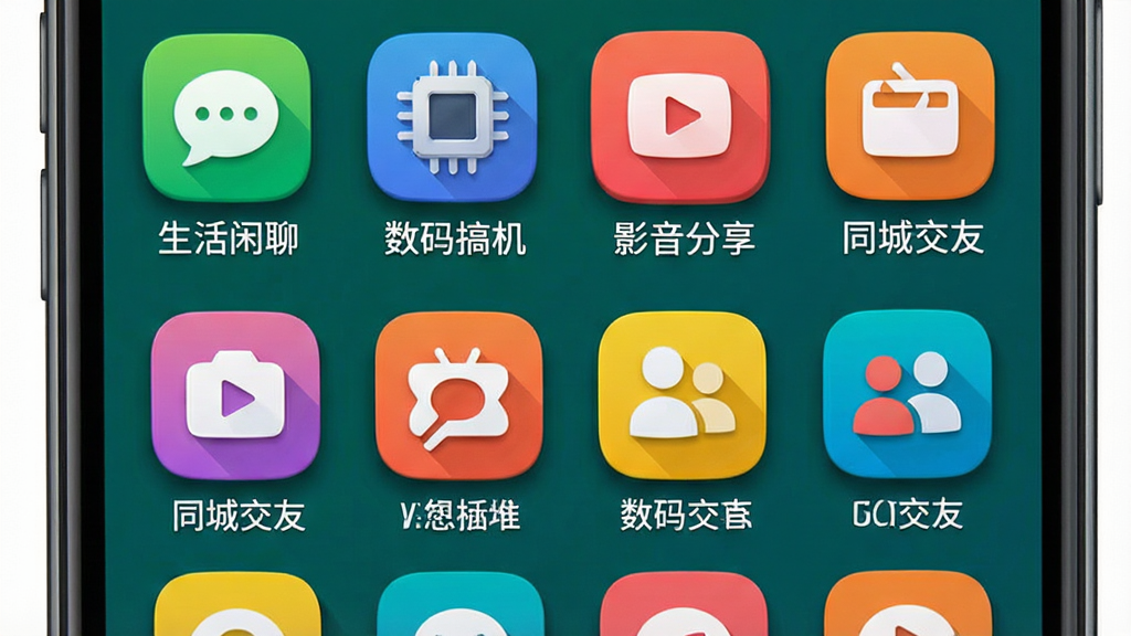 乐讯社区App板块分类界面展示图,手机屏幕显示多个彩色图标排列的板块入口,包含“生活闲聊”“数码搞机”“影音分享”“同城交友”等文字标签,布局为网格状排列,风格活泼明快,细节上图标带有圆角和小阴影,画质干净清晰,无多余元素
