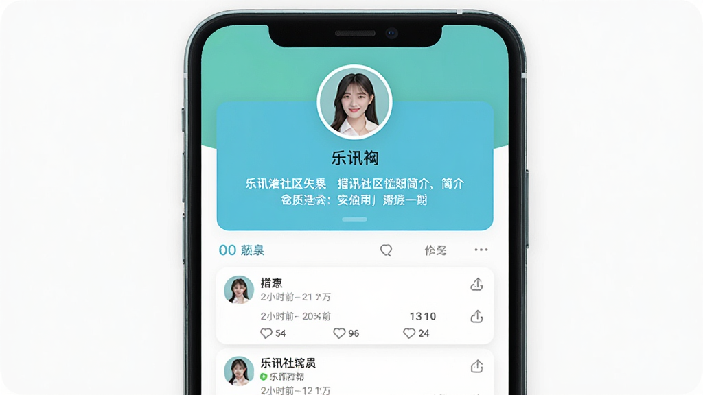 乐讯社区App个人主页界面展示图,手机屏幕显示用户头像、昵称、简介区域和下方帖子列表,布局为顶部个人信息卡片加底部动态流,风格简洁清新,细节上头像带有圆形边框,帖子卡片显示发布时间和互动数据,画质干净清晰,无多余元素