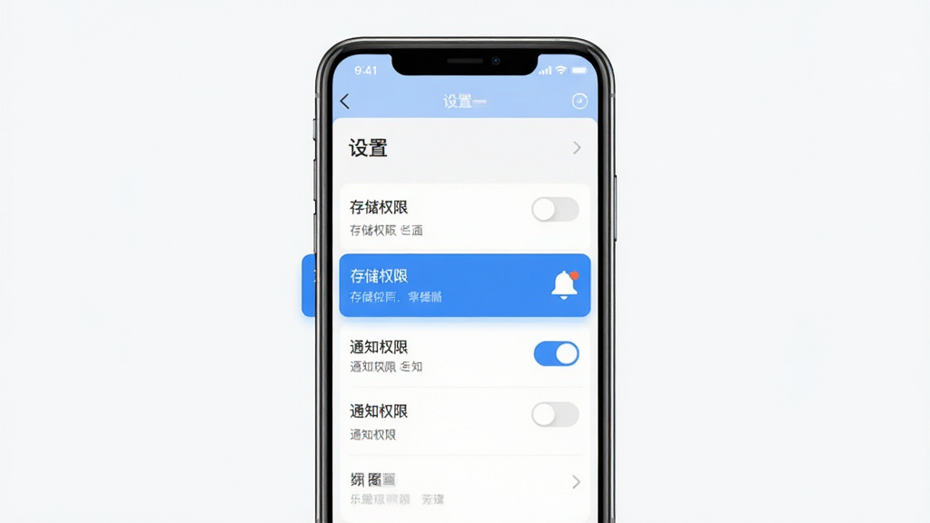 乐讯社区App使用教程示意图,手机屏幕显示设置界面和权限开关,布局为列表式设置项,风格简洁直观,细节上突出“存储权限”和“通知权限”两个选项,画质干净清晰,无多余元素