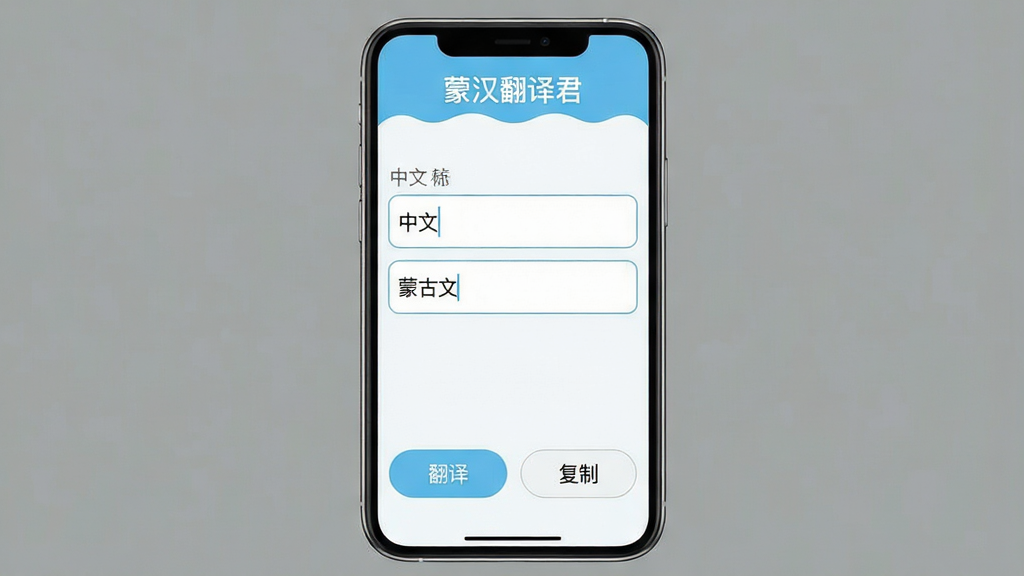 一张手机应用界面截图,画面中央是“蒙汉翻译君”的软件主界面,顶部显示软件名称“蒙汉翻译君”,中间为上下两个输入框分别标注“中文”和“蒙古文”,底部有翻译按钮和复制按钮,背景为浅蓝白配色,风格简洁现代,细节清晰,画质干净无多余元素