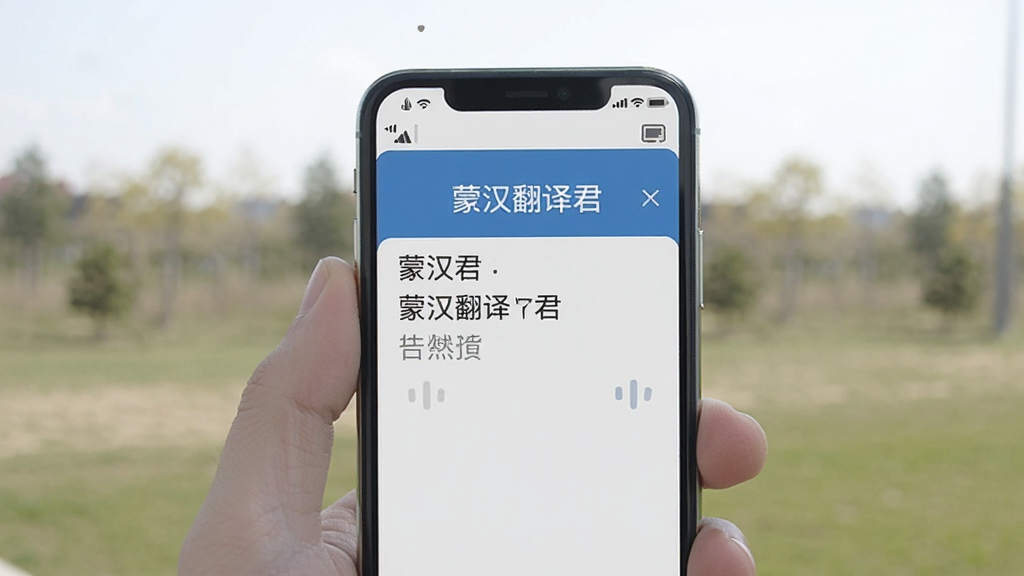 一张手机应用场景图,画面中手机屏幕显示“蒙汉翻译君”界面,屏幕上方有网络信号弱的图标,下方翻译结果正常显示,背景为户外场景虚化,风格写实,画质干净无多余元素