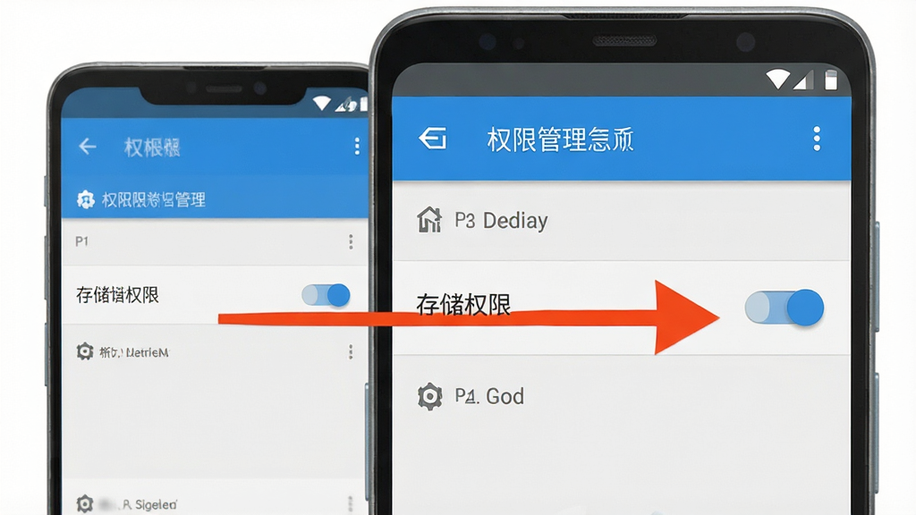 一张手机操作示意图,画面展示安卓手机设置界面中的权限管理页面,旁边有箭头指向“存储权限”开关,界面风格扁平,配色为蓝白灰,画质干净无多余元素