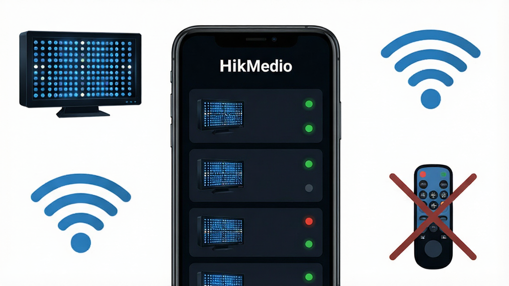 一张展示HikMedio应用主界面的手机截图,画面中央是手机屏幕,屏幕内显示深色背景的设备管理列表,顶部有