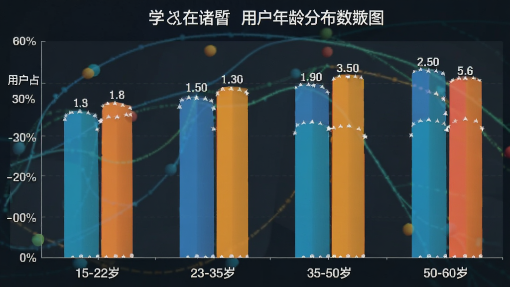 一张展示“学在诸暨”用户年龄分布数据的柱状图图片,主体是柱状图图表,布局横轴为年龄段(15-22岁、23-35岁、35-50岁、50-60岁),纵轴为用户占比百分比,排版简洁明了,风格为现代数据可视化风格,细节上柱子颜色区分明显且标注具体数值,画质干净清晰无多余元素