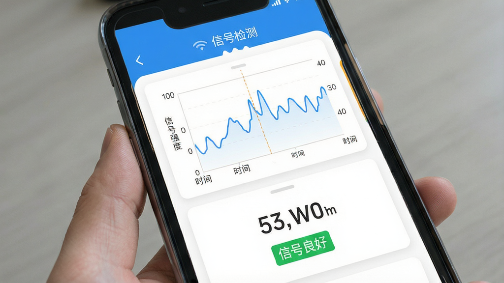 һ���ֻ�Ӧ�ù���չʾͼ���������ֻ���Ļ��ʾ��˳��WiFi��APP���źż����棬��Ļ�ϰ벿��������ͼ������Ϊʱ������Ϊ�ź�ǿ�ȣ����߳ʲ���״���°벿���ǵ�ǰ�ź���ֵ�͡��ź����á�����ɫ��ʾ��ǩ������Ϊ��ɫ��Ƭʽ���֣���������ɫ������д�š��źż�⡱�����������ݿ��ӻ����磬���ʸɾ�����