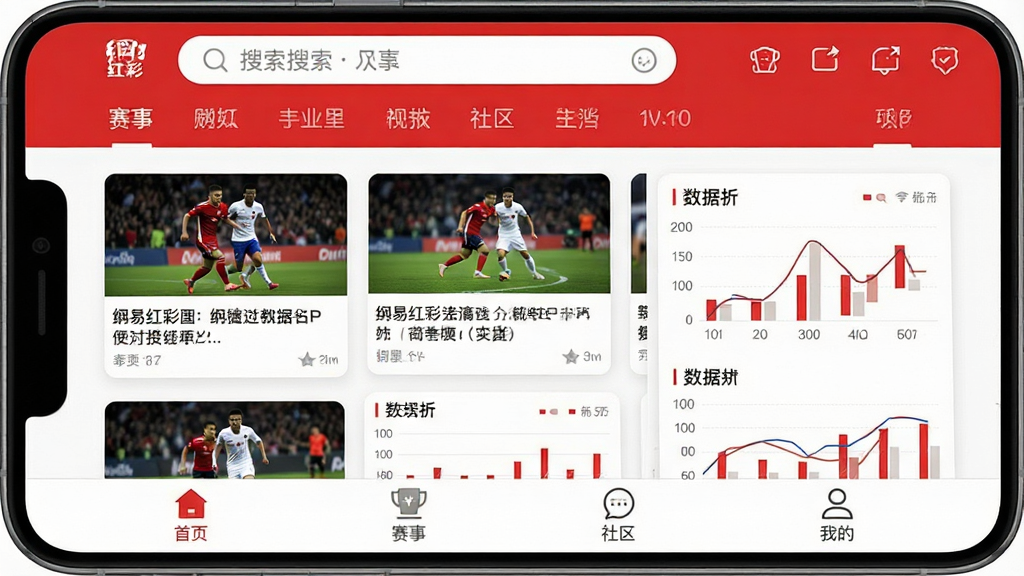 一张展示网易红彩应用主界面的手机截图,画面中央是应用首页,顶部有搜索栏和赛事分类标签,中间是滚动的体育赛事资讯卡片和数据分析图表,底部是导航栏包含首页、赛事、社区、我的四个图标,整体配色以红白为主,风格简洁现代,画质清晰干净,无多余元素