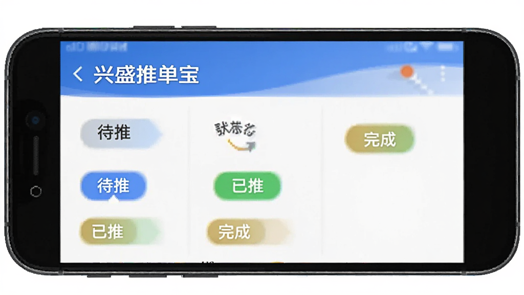 手机屏幕展示“兴盛推单宝”的订单状态同步界面,页面上有不同颜色的状态标签如“待推”“已推”“完成”,布局清晰有条理,蓝白主色调,扁平化设计风格,画质干净清晰,无杂乱元素