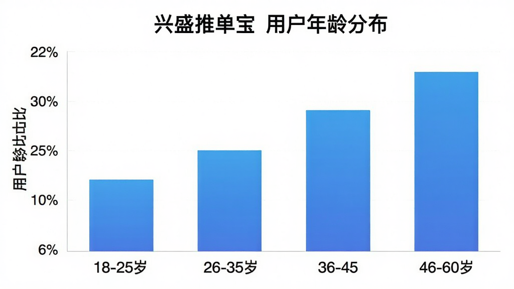 一张柱状图展示“兴盛推单宝”用户年龄分布,横轴为年龄段18-25岁、26-35岁、36-45岁、46-60岁,纵轴为用户占比百分比,柱子颜色为蓝色渐变,图表风格简洁现代,背景干净,文字标签清晰,画质干净无多余元素