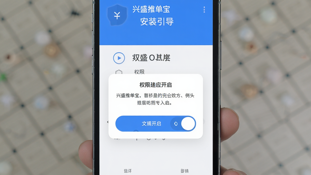 手机屏幕显示“兴盛推单宝”的安装引导页面,页面上有权限开启的提示弹窗和开关按钮,界面简洁明了,蓝白色调,扁平化设计风格,画质干净清晰,无多余元素