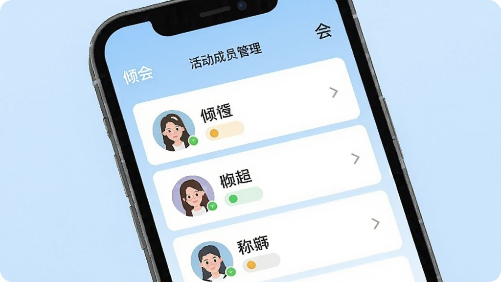 һ���ֻ�Ӧ�ý���ʾ��ͼ����Ļ��ʾ���Ļ��Ա����ҳ�棬ҳ�����г�����û�ͷ����ǳƣ�ÿ��ͷ���Ա���С��ǩ��ʾ״̬�������л���ƺ͡���ᡱ��ʶ������Ϊǳ��ɫ�������ˬ��ƽ�����ֹ�����ϸ�ڸɾ��������������޶���Ԫ��
