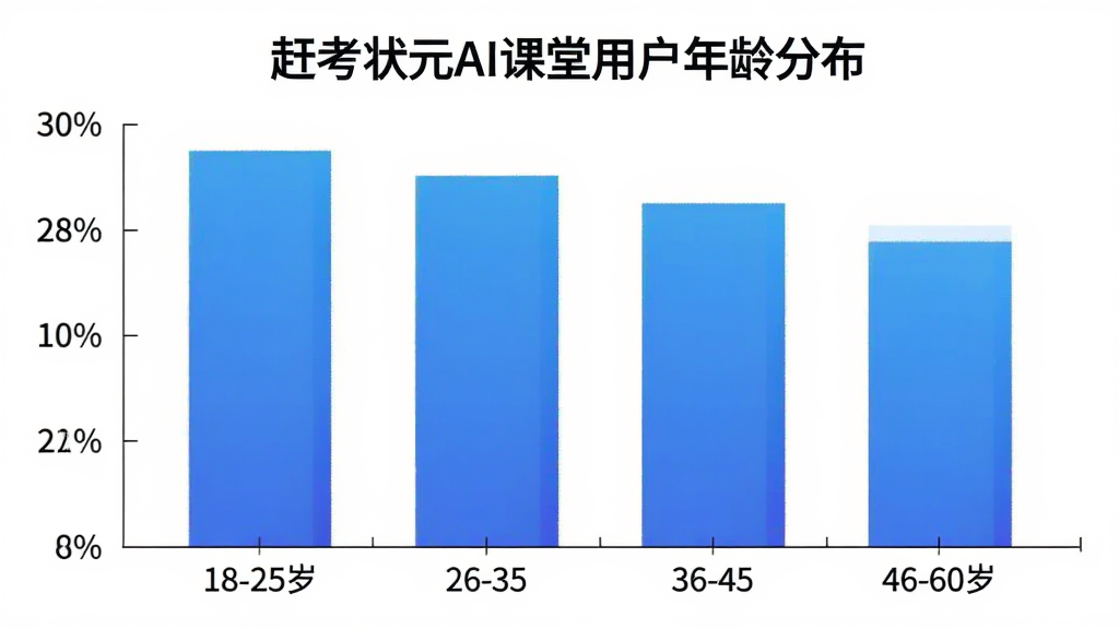赶考状元AI课堂用户年龄分布柱状图,横轴为年龄段18-25岁、26-35岁、36-45岁、46-60岁,纵轴为用户占比,柱状颜色为蓝色渐变,背景白色简洁,图表标题为