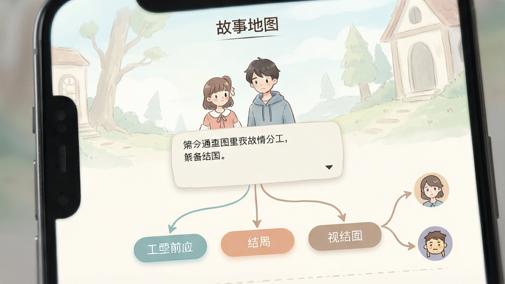 一张展示“故事地图”互动剧情分支界面的手机画面,画面中手机屏幕显示一段故事对话场景,屏幕中央是人物立绘和对话框,下方有三个不同选项按钮,选项旁有分支连线示意通向不同结局图标,界面配色柔和,背景有淡淡的场景插画,风格清新文艺,布局简洁,细节清晰,画质干净,无多余元素