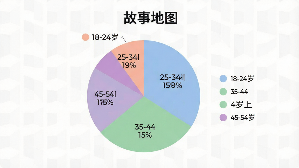 一张展示“故事地图”用户年龄分布的可视化图表,画面中央是饼状图,分成多个扇形区域分别标注18-24岁、25-34岁、35-44岁、45-54岁、55岁以上年龄段及对应百分比,饼图配色柔和区分明显,旁边有图例说明,背景干净简洁,风格现代扁平,文字清晰,布局规整,画质干净,无多余元素