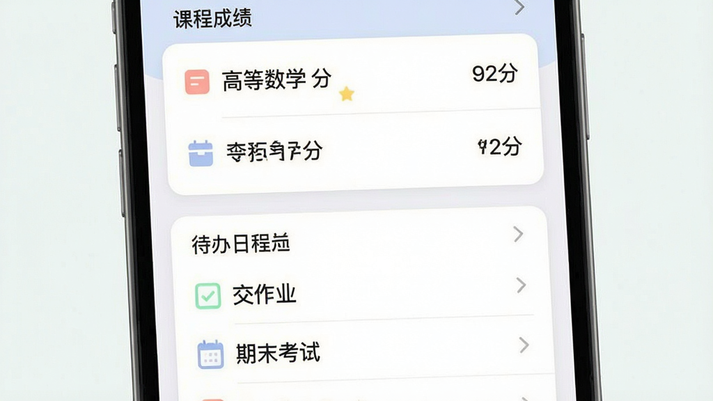 一张展示Sleepy 课程表成绩记录与日程管理界面的效果图,画面为手机屏幕特写,上半部分显示课程成绩列表含“高等数学 92分”等条目,下半部分显示待办日程清单含“交作业”“期末考试”等提醒项,界面采用卡片式布局,配色柔和,风格简洁实用,画质清晰,无多余装饰元素