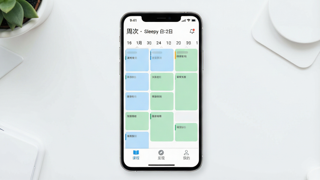 一张展示Sleepy 课程表手机应用主界面的效果图,画面中央是一部竖屏安卓手机,屏幕内显示周课表网格布局,不同课程用柔和的浅蓝浅绿色块区分,顶部显示周次和日期,底部有“课程”“发现”“我的”三个标签,背景为浅灰白色简洁桌面环境,风格清新扁平化设计,细节干净圆润,画质清晰明亮,无多余杂乱元素