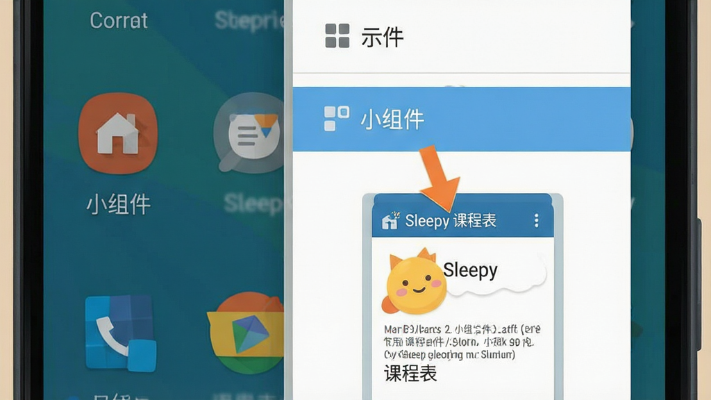一张展示安卓手机添加桌面小组件操作步骤的示意图,画面为手机桌面长按后弹出菜单的特写,菜单中高亮显示“小组件”选项,旁边有箭头指向下方Sleepy 课程表小组件预览图,风格为扁平化操作示意,配色简洁,画质清晰,构图直观,无多余元素