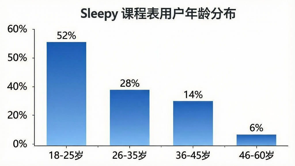 一张展示Sleepy 课程表用户年龄分布柱状图的图表,横轴为年龄段“18-25岁”“26-35岁”“36-45岁”“46-60岁”,纵轴为占比百分比,柱状体采用渐变蓝色,其中18-25岁柱子最高标注“52%”,26-35岁标注“28%”,36-45岁标注“14%”,46-60岁标注“6%”,图表背景为白色,风格简洁商务,文字标注清晰,画质干净,无多余元素