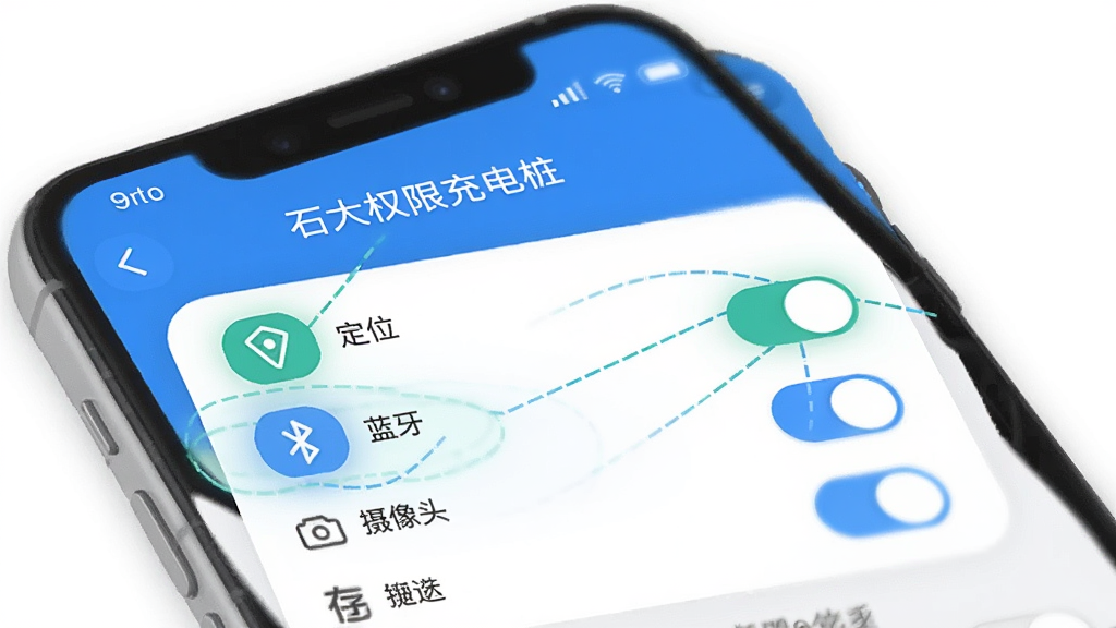 一张展示手机应用权限设置界面的示意图,画面中手机屏幕上显示“石大充电桩”应用的权限管理页面,包含定位、蓝牙、摄像头、存储等权限开关,其中定位和蓝牙权限被高亮标注为已开启状态,界面风格简洁清晰,蓝白配色,细节圆润,画质干净无多余元素