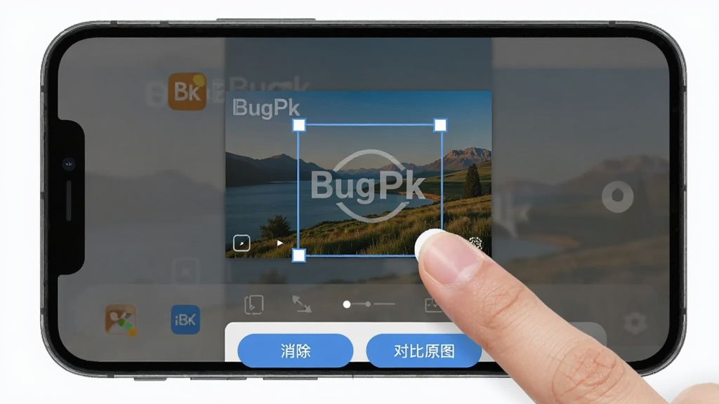 手机屏幕展示BugPk去水印的本地图片处理界面,画面中央是一张带有角落水印的风景照,手指正在屏幕上拖动选框圈定水印位置,选框外区域半透明变暗,底部工具栏显示“消除”和“对比原图”按钮,界面风格扁平化,图标清晰,画质干净