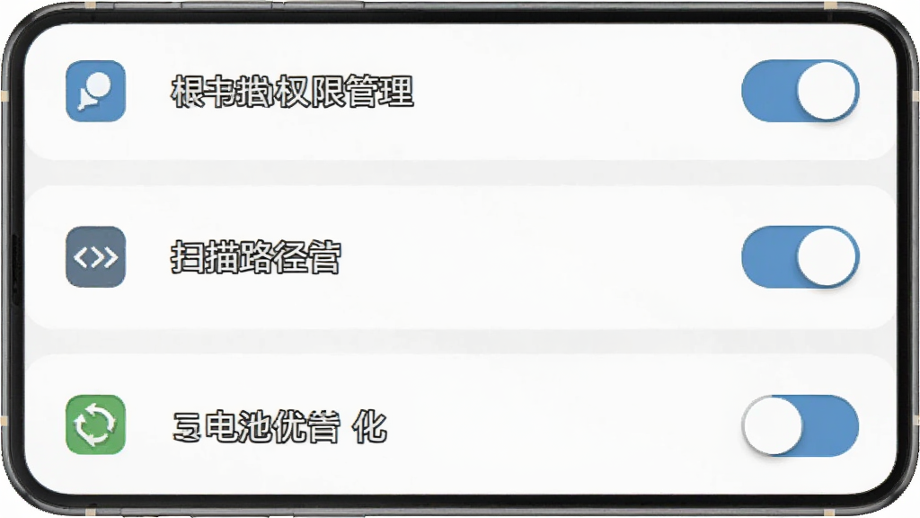 画一张Flutify设置界面的示意图,手机屏幕上展示权限管理、扫描路径、电池优化三个设置项,每个选项旁边有小图标和开关按钮,界面布局清晰有层次,风格简洁实用,画质干净明了,无多余装饰
