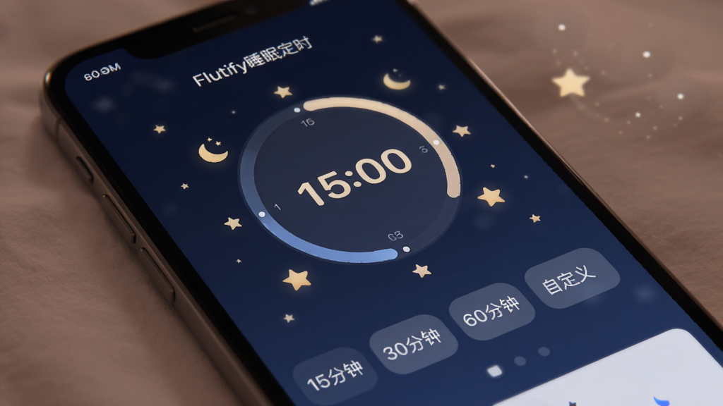 展示Flutify睡眠定时功能界面,手机屏幕上显示一个圆形的倒计时表盘,周围环绕着月亮和星星的小图标,下方有