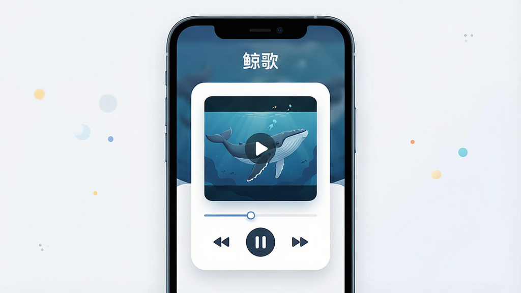 一张展示“鲸歌”应用主界面的效果图,主体为手机屏幕,屏幕中央是“鲸歌”的悬浮播放器界面,布局简洁,顶部有“鲸歌”字样,中间是正在播放的视频封面,底部有播放控制按钮,排版干净利落,风格现代扁平化,细节圆润,画质清晰,干净无多余元素