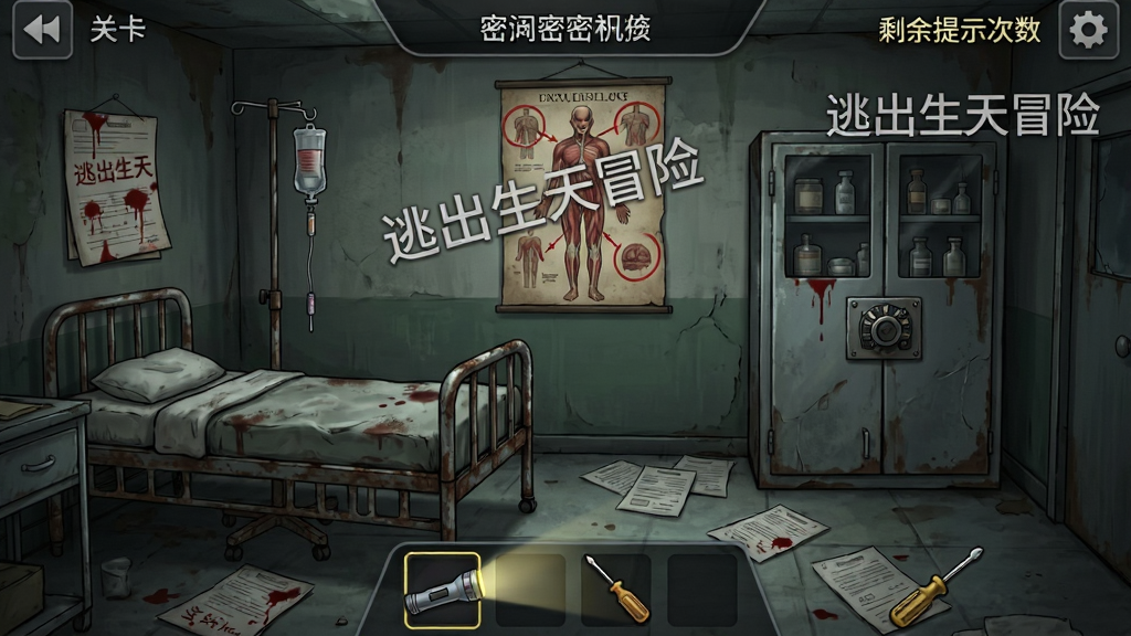 游戏内一间废弃医院主题的密室场景截图,画面左侧是生锈的病床和点滴架,右侧是带密码锁的药品柜,地面有散落的病历纸,墙上挂着一幅人体解剖图,图中标注了
