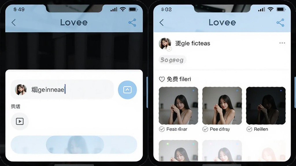 Lovee应用内的动态发布界面截图,画面显示文字输入框、图片添加按钮和几个免费滤镜选项,界面以白色和浅蓝色为主,布局清晰,文字标签明确,风格现代扁平,画质干净