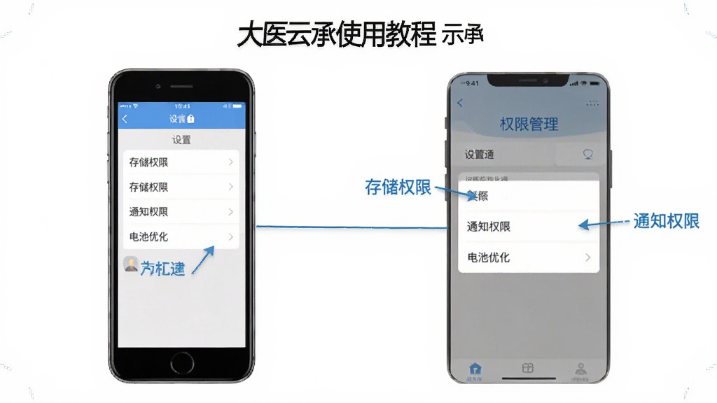 大医云承使用教程示意图,手机屏幕显示设置页面和权限管理界面,标注了存储权限、通知权限和电池优化三个关键设置项,界面风格清晰直观,画质干净,无多余元素