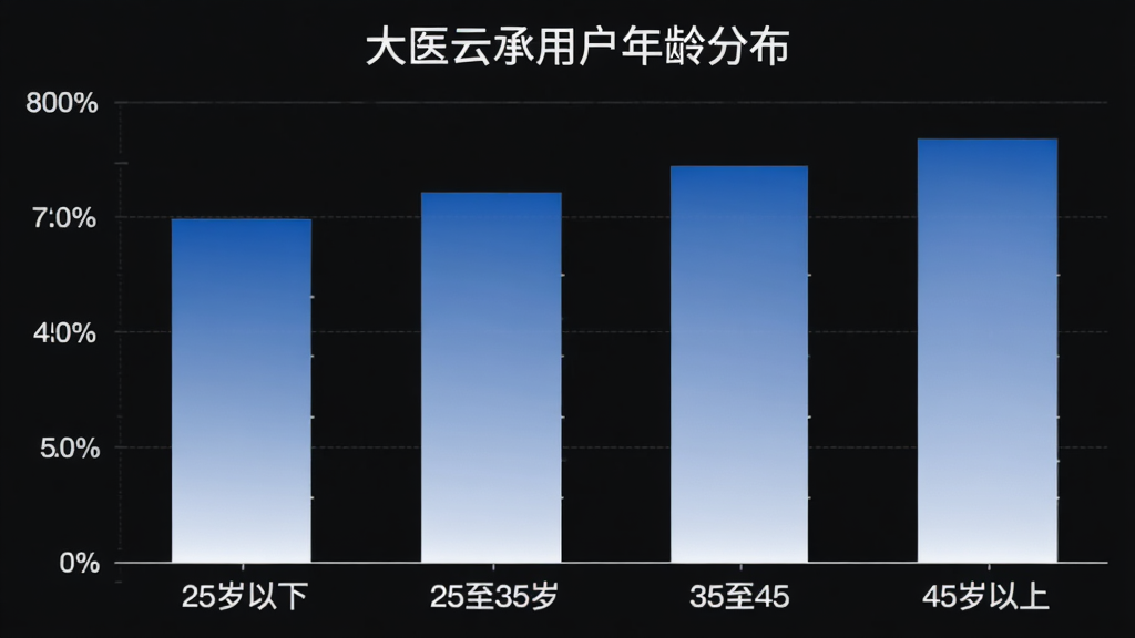 大医云承用户年龄分布柱状图,横轴为年龄段25岁以下、25至35岁、35至45岁、45岁以上,纵轴为用户占比百分比,柱状图用蓝色渐变填充,图表标题为大医云承用户年龄分布,风格简洁商务,画质清晰,无多余元素