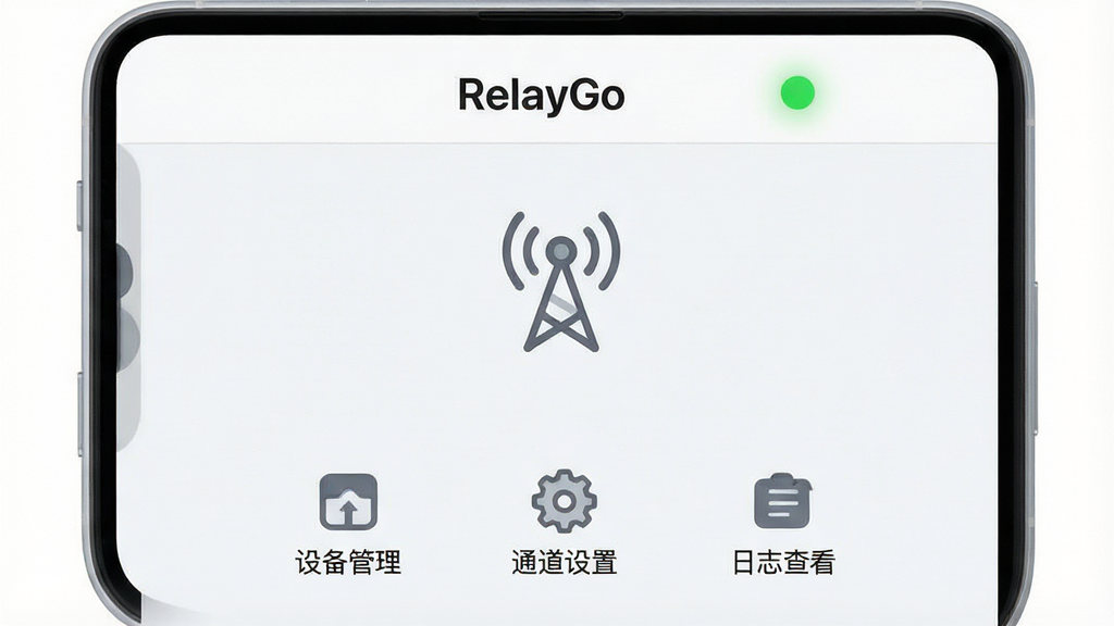 һ���ֻ�Ӧ�ý���չʾͼ������������RelayGo�����������棬������ʾ��RelayGo����������ɫ��������״ָ̬ʾ�ƣ��м���һ�������м̽ڵ�ʾ��ͼ�꣬�·��������豸������ͨ�����á���־�鿴����������ڣ�����Ϊǳ�Ұ�ɫ���������ƽ����ͼ������Բ�����廭�ʸɾ��������޶���װ��Ԫ��