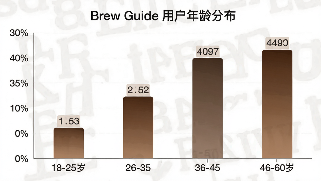 һ��չʾ Brew Guide �û�����ֲ�����״ͼ�������ע18-25�ꡢ26-35�ꡢ36-45�ꡢ46-60���ĸ�����Σ�����Ϊ�ٷֱȣ�������ɫΪ�����ؽ��䣬ͼ������Ϊ��Brew Guide �û�����ֲ�����������ִ������ݱ�ǩ���������ʸɾ�