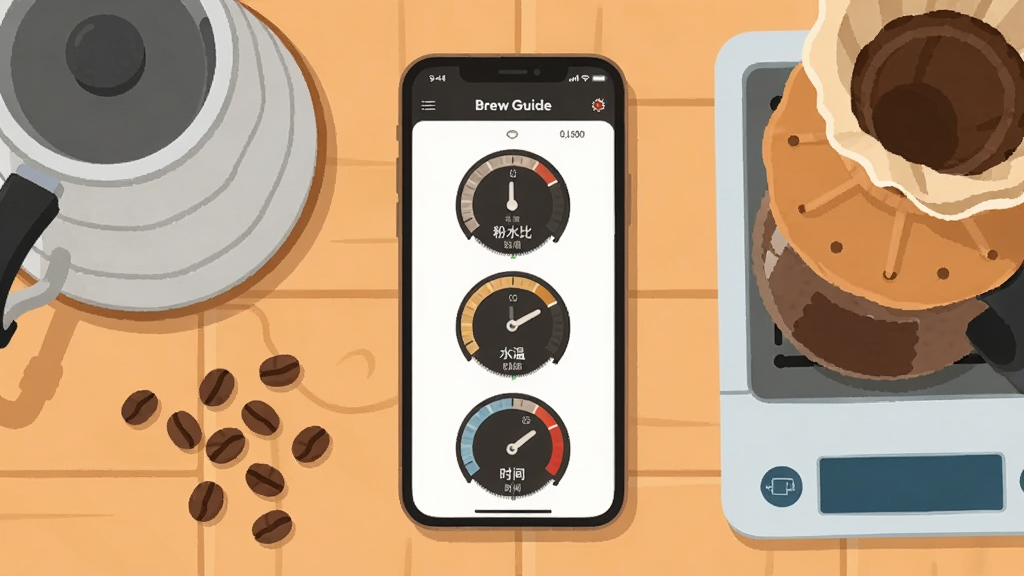 һ��չʾ Brew Guide Ӧ���������ĳ���ͼ������������һ�������ֻ����ֻ���Ļ����ʾ�ſ��ȳ�������������棬������ˮ�ȡ�ˮ�¡�ʱ������Բ���Ǳ��̣���Χɢ���ſ��ȶ����ֳ���͵��ӳӣ�������ľ�����棬���Ϊ��ů�����ı�ƽ�廭��ϸ�ڸɾ�����������ϸ���޶���Ԫ��