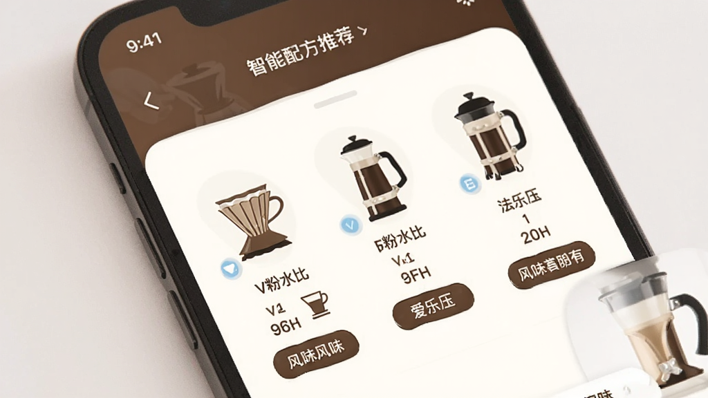 Brew Guide Ӧ���������䷽�Ƽ����ܵĽ���չʾ���ֻ���Ļ���г� V60������ѹ����ѹ����������ͼ�꣬ÿ��ͼ���·����ж�Ӧ�ķ�ˮ�����ֺͷ�ζ��ǩ�����������ִ�����ɫ��Ϊ���������װף��Ű��������׳��㣬���ʸɾ�������Ԫ��