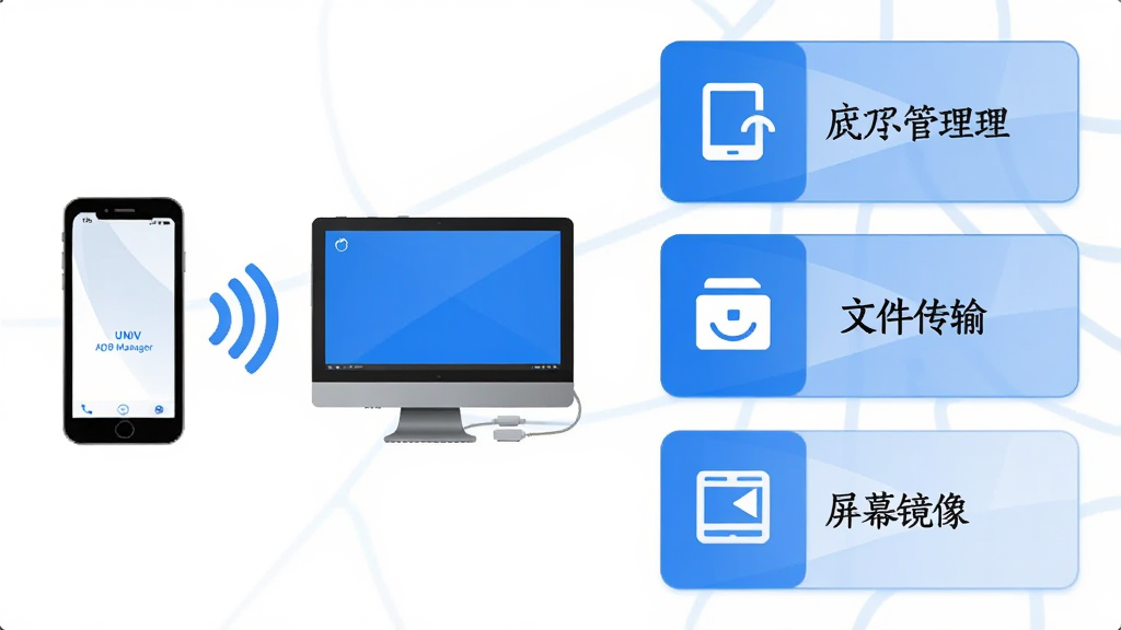 一张展示UNIV ADB Manager功能界面的示意图,画面左侧是手机与电脑通过无线信号连接的图标,右侧分列应用管理、文件传输、屏幕镜像三个功能模块卡片,每个卡片配有简洁的图标和文字标签,整体采用蓝白配色,布局规整,风格清爽现代,画质干净无多余元素