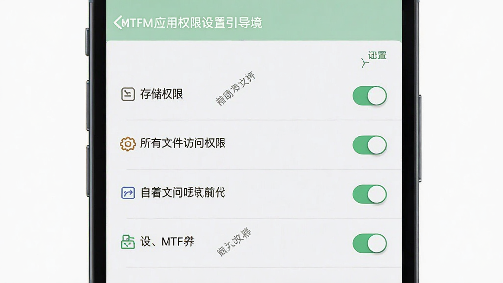 MTFM应用权限设置引导界面示意图,画面主体为手机屏幕显示权限管理页面,屏幕中列出存储权限、所有文件访问权限等选项,布局为纵向列表结构,排版清晰,风格为系统设置界面的简约风格,细节处开关按钮和文字标注明确,画质干净整洁无多余元素