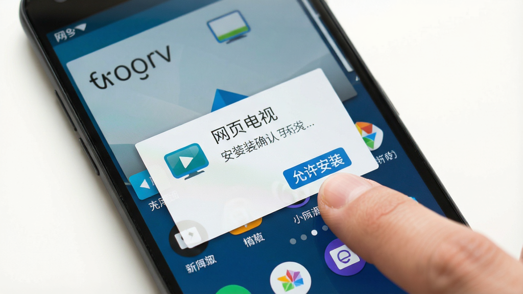 一张展示安卓手机安装应用过程的示意图,画面中手机屏幕上显示“网页电视”安装确认弹窗,旁边有手指点击“允许安装”的动作,背景是简洁的手机桌面,风格写实,画质清晰,无多余元素