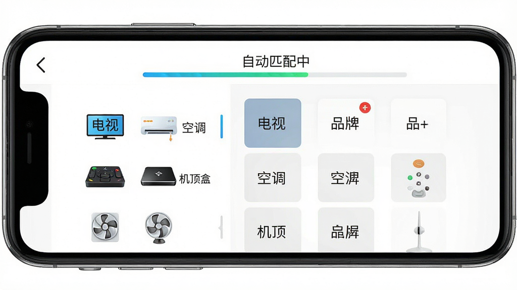 一张展示万能遥控器通用+App功能特色的示意图,主体是手机屏幕中呈现的遥控器码库选择界面,左侧为设备类型图标列表(电视、空调、机顶盒、风扇),右侧为品牌选择网格,屏幕上方显示“自动匹配中”的进度条,背景为纯白底色,风格清爽简洁,画质干净,无多余元素