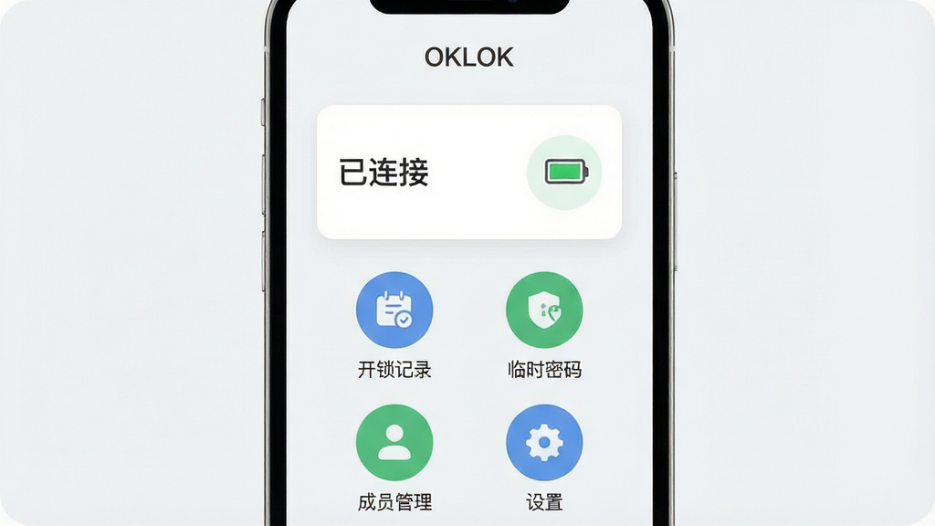 一张展示OKLOK应用主界面的手机屏幕截图,屏幕中央是智能锁设备状态卡片,显示“已连接”和电量图标,下方排列着“开锁记录”“临时密码”“成员管理”“设置”四个圆形功能图标,背景为浅灰白色,顶部有“OKLOK”文字标识,整体布局简洁对称,风格现代扁平,图标线条圆润,画质干净清晰,无多余装饰元素