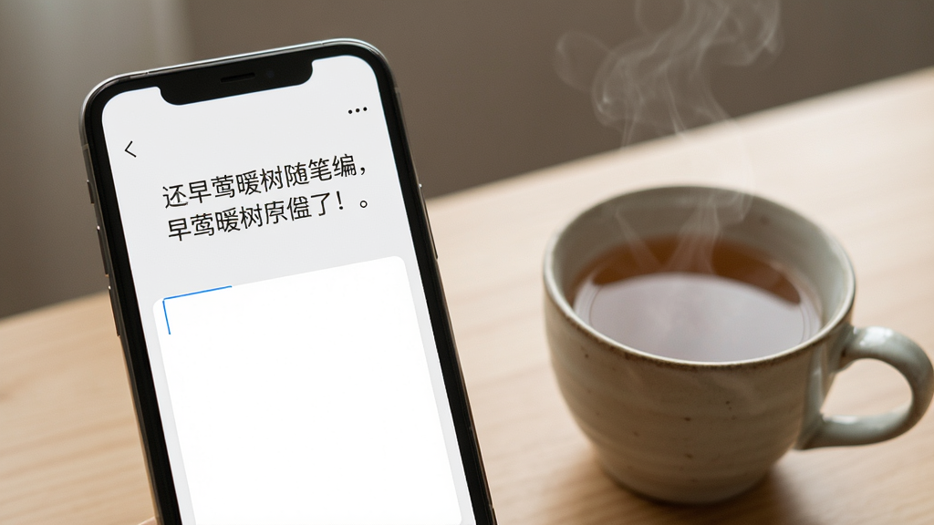 早莺暖树随笔编辑页面展示,手机屏幕中显示简洁的文字输入界面,上方有一句暖心短句,下方是空白的记录区域,旁边放着一杯热茶,整体氛围安静舒适,风格极简,画质干净,无多余元素