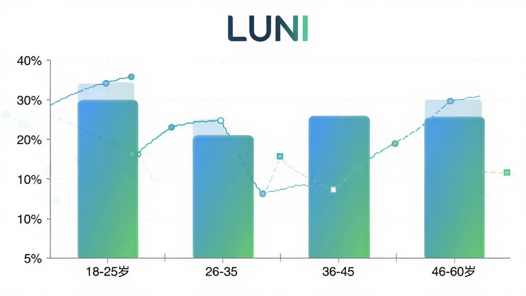 һ��չʾLUNI�û�����ֲ�����״ͼ������Ϊ18-25�ꡢ26-35�ꡢ36-45�ꡢ46-60���ĸ�����Σ�����Ϊ����ռ�ȣ�������ɫΪ���̽��䣬ͼ���Ϸ���LUNI��ʶ�����־��У�������ݿ��ӻ����磬ϸ�ڸɾ������������޶���Ԫ��