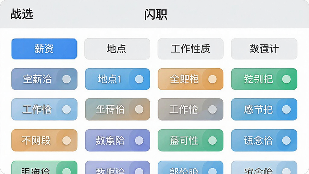 一张“闪职”APP筛选功能界面示意图,主体为筛选条件面板,布局为顶部标题栏与下方多组标签选项,包括薪资、地点、工作性质等分类,排版为网格状排列,风格为简洁的工具类界面设计,细节处选中标签有高亮色块,画质清晰干净,背景为纯色无干扰