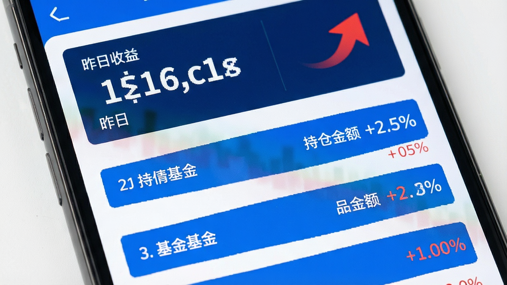 掌上宝盈App的持仓收益页面特写图,画面主体为手机屏幕,屏幕上展示总资产数字和昨日收益的红色上涨箭头,下方是持有基金的明细列表,每行左侧为基金名称,右侧为持仓金额和涨跌幅百分比,配色以白色背景搭配蓝色和红色数据高亮,风格清爽直观,细节清晰,画质干净,无多余元素